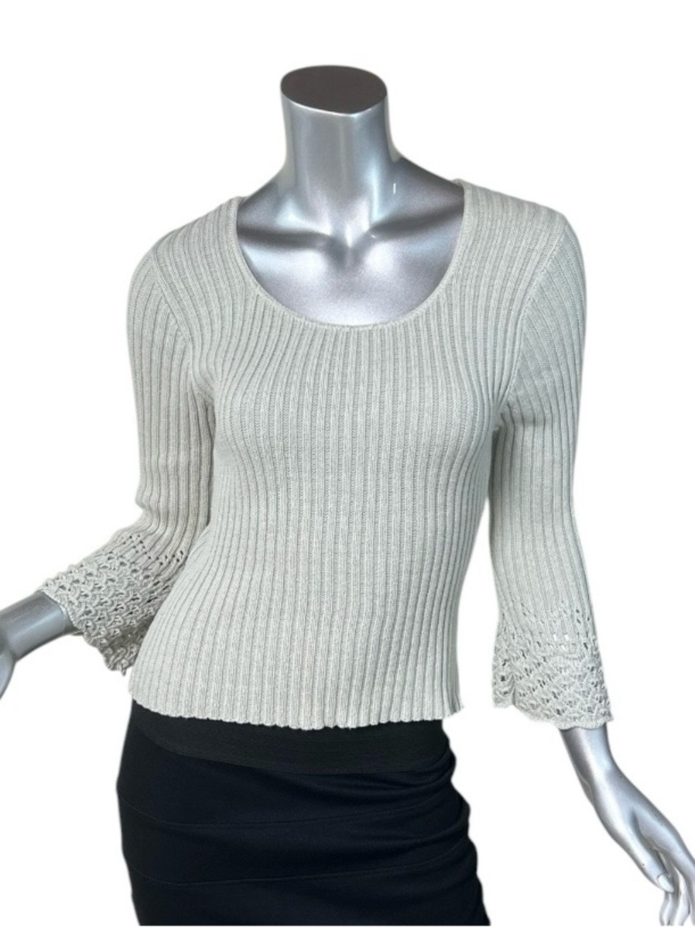 Vintage 90’s Knits Landing Pale Green 3/4 Sleeve Crochet Detail Sweater Medium